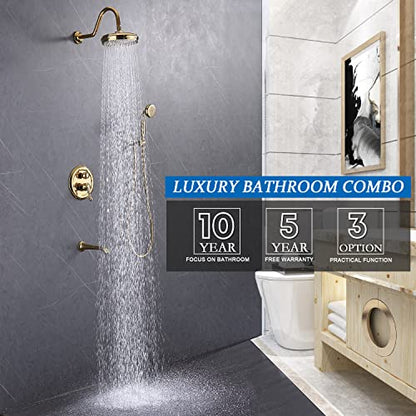 Enga Bright Gold Brass Shower Tub Faucet System Antique 8inch Rainfall Shower with Spout and Hand Spray - color: Bright Gold, style: 8" Head + Tub