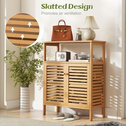 Tangkula Bamboo Floor Cabinet, Bathroom Storage Cabinet with Double Slatted Doors, Open Shelf, Removable Shelf, Storage Organizer for Bathroom Doorway Living Room Kitchen - style: Double Doors