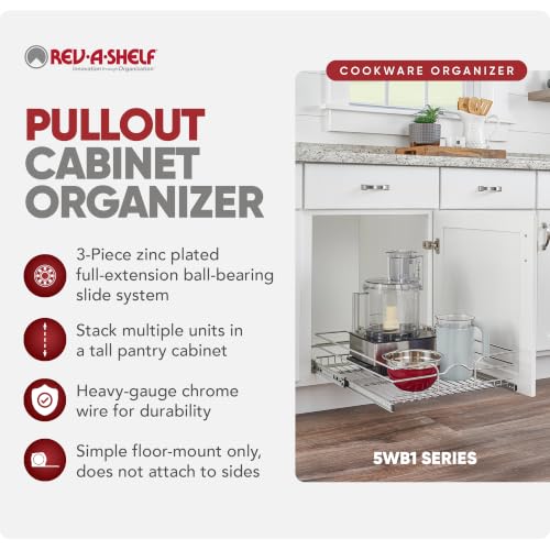 Rev-A-Shelf Steel Wire Pullout Drawer Organizer Shelf for Kitchen Cabinets, Slide Out Storage Basket, Min Opening Width of 20.5", 21" x 22", 5WB1-2122CR-1 - size: 21" W x 22"D, style: Single Tier