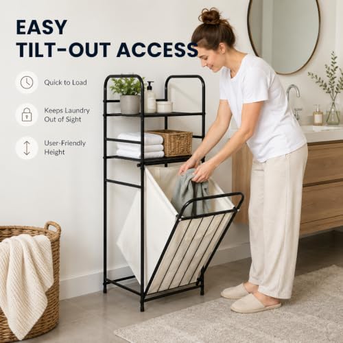 Tilt Out Laundry Hamper with Shelves, 3-Tier Storage Cabinet with Removable Liner Bag, 16.9" x 13" x 39.4" Carbon Steel Frame for Bathroom, Bedroom, Laundry Room - Black