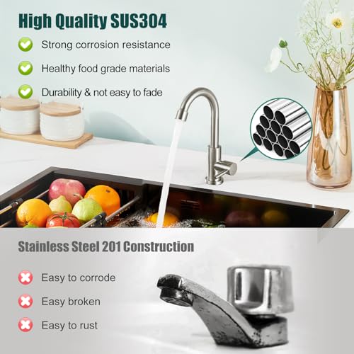 Heyalan SUS304 Cold Water Bar Sink Faucet, Single Handle, Brushed Nickel | SUS304 stainless steel, high-arc gooseneck, single-hole deck mount, 24-inch supply hose, 2.5-inch shank, 1.8 GPM - color: Brushed Nickel