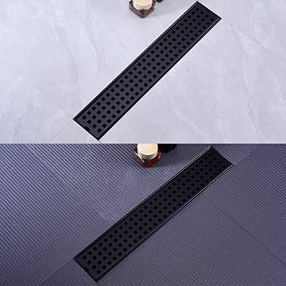 16" SUS304 Linear Shower Drain,Hair Strainer&Adjustable Feet,Matte Black | Nicmondo,2"US Standard Outlet,Sloped channel & checkered grate for fast anti-pooling drainage,indoor & outdoor multi-scene