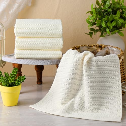 4 Pack Cream Hand Towels Waffle 100% Cotton 13x29 Inch | Soft Absorbent Bathroom Kitchen Use, Waffle Texture Quick Dry, Durable Cotton Washcloths Ideal for Guests Daily Needs - color: Cream