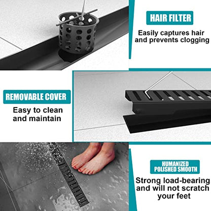 BARONAGE 28 Inch Linear Shower Drain, Capsule Grate, Matte Black | V-shaped Rapid Linear Drains, Rustproof, Hair Catcher, 304 Stainless Steel Rectangle Shower Floor Drain For Bathroom - size: 28 Inch