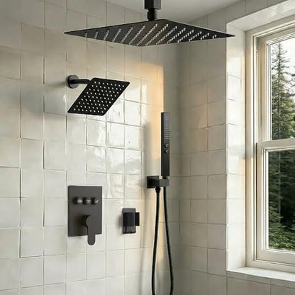 Shower Faucet Set, Wall Mount 12" Rain Shower System with Handheld and 6" Rainfall Shower Head, Can Use 2 Modes Together for Two People, 3 Way Shower Valve with 5 Diverter Complete, Matte Black - color: Matte Black, size: 6+12 inch-07
