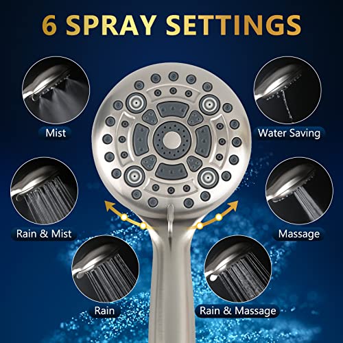 6 Spray Modes High Pressure Handheld Showerhead Set Upgraded | 5 Inches Shower Head with Handheld Spray Brushed Nickel Handheld Shower Head 60 Inches Stainless Steel Hose-1-Min Install - color: Brushed Nickel