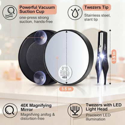 LED Lighted Tweezers & 40X Magnifying Mirror with Suction Cup Set, 2 in 1 No-Hands Makeup Mirror with Light and Precision Light Up Tweezers(Black) - color: Black
