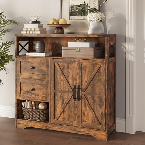 Fameill Farmhouse Storage Cabinet with Drawers and Open Storage, Brown | Freestanding Kitchen Pantry With 2 Barn Doors, Floor Cabinet With Adjustable Shelf for Living Room, Dining Room - color: Brown, size: 38.5 "L