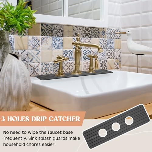 Teenyyou 3 Hole Gray Faucet Mat Kitchen Sink 15.94" x 4.92" | Bathroom Faucet Absorbent Mat,Diatomite Splash Guard,Quick Drying Drip Catcher,Hole 2.36",Holes Spaced About 1.65" - color: Gray, style: 3 Hole