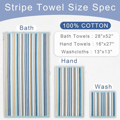 VOOVA & MOVAS Striped Towels 6 Pack, 100% Cotton, Blue Gray Beige | Household & Guest Bathroom, Available in 13x13, 16x27, 28x52 In, Quick Dry, Soft, Absorbent, Bath Towels with Hanging Loops - color: Blue + Gray + Beige Striped, size: 6 PCS Bathroom Towe