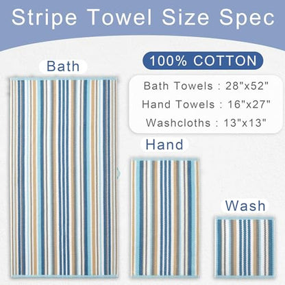 VOOVA & MOVAS Striped Towels 6 Pack, 100% Cotton, Blue Gray Beige | Household & Guest Bathroom, Available in 13x13, 16x27, 28x52 In, Quick Dry, Soft, Absorbent, Bath Towels with Hanging Loops - color: Blue + Gray + Beige Striped, size: 6 PCS Bathroom Towe