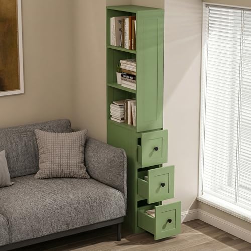 Tall Slim Storage Cabinet with Door, 3 Drawers & 2 Adjustable Shelves, Narrow Bathroom Storage Cabinet, Freestanding Floor Cabinet Organizer for Small Spaces, Bathroom, Kitchen, Green - color: Green