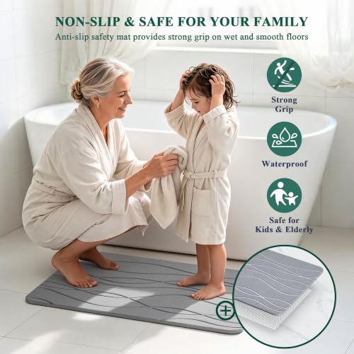 Stone Bath Mat - 23.6" x 15.4" Diatomaceous Earth Bath Mat, Non-Slip High-Absorbency Diatomite, Quick Dry Stone Mat Bathroom, Natural Bathroom Floor Mat & Shower Mat, Gray
