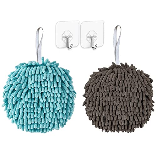 Chenille Hand Towels for Bathroom Soft Ball Quick Dry Hand Bath Hanging Hand Towel with Loop Absorbent Kitchen (2 Grey) (Blue+Grey) - color: Blue+grey