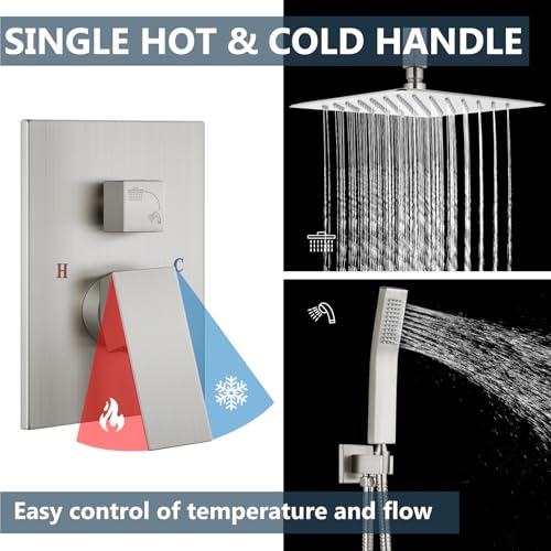 Aolemi Ceiling Mount Shower System Rain Shower Head with Handheld Spray High Pressure Shower Faucet Set Rough-in Valve Shower Trim Kit Included Bathroom Brushed Nickel 16 Inch Ceiling Shower Head - color: Nickel, size: 16 Inch Ceiling Shower Head
