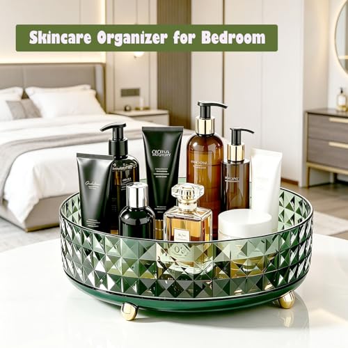 Makeup Perfume Organizer, 9 Inch /23cm 360 Degree Rotating Skincare Organizer, Cosmetics Organizer for Dresser Bathroom Bedroom Countertop Kitchen Pantry Cabinet Vanity Tray Refrigerator, Dark Green