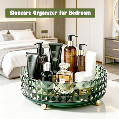 Makeup Perfume Organizer, 9 Inch /23cm 360 Degree Rotating Skincare Organizer, Cosmetics Organizer for Dresser Bathroom Bedroom Countertop Kitchen Pantry Cabinet Vanity Tray Refrigerator, Dark Green