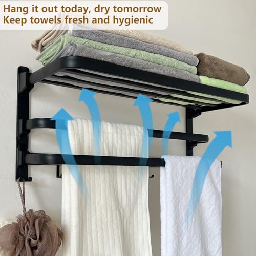 24in Towel Racks Shelf for Bathroom Wall Mounted with 2 Bar for Hotel,Black | Double Space Saving Foldable Rustproof Painted Aluminum L-Shape 2 Bars Modern - size: 2 Tier