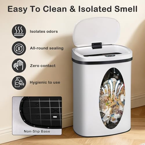 Kitchen Trash Can, 13 Gallon Automatic Can with Lid and Motion Sensor Office Bedroom Bathroom Living Room, Touchless Metal Lid, WHITE, 17.3 x 13 x 23.6 - color: WHITE