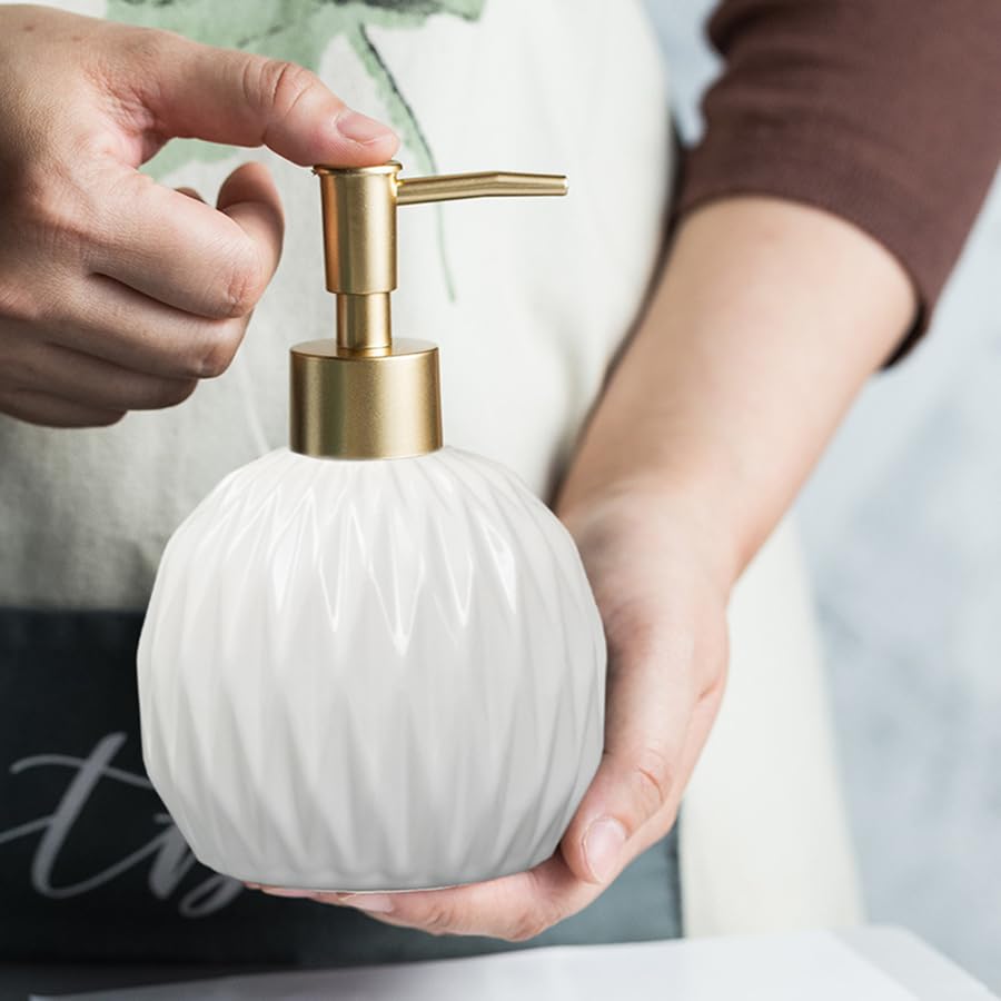 Ceramic Soap Dispenser White with Gold Pump,Modern Design Cylindrical Lotion Dispenser Bottle,Refillable Liquid Hand Soap Dispenser for Kitchen,Bathroom,Washroom - color: White（b）