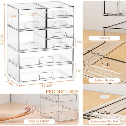 8 Pack Clear Stackable Storage Drawers,Acrylic Drawer Organizer for Medicine,Palettes,Hair Accessories and Makeup Organizer,Plastic Drawers for Cabinet,Office,Desk,Bathroom Storage Containers - style: 8 PACK
