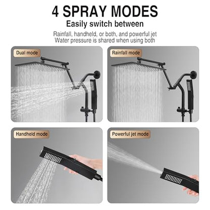 All Metal 10 Inch Rain Shower Head with Handheld Built-in Power Wash Mode, High Pressure Waterfall Rainfall Square Shower Heads with 16" Adjustable Extension Arm, Dual Showerhead, Matte Black - color: Matte Black, size: 10 Inch