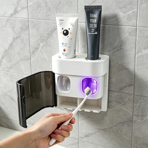 Wall Mounted Toothbrush Holders with Covers for Bathroom,2 Toothpaste Squeezer for Kids and Aldults，Toothpaste Dispenser，Holds 4 Toothbrushes