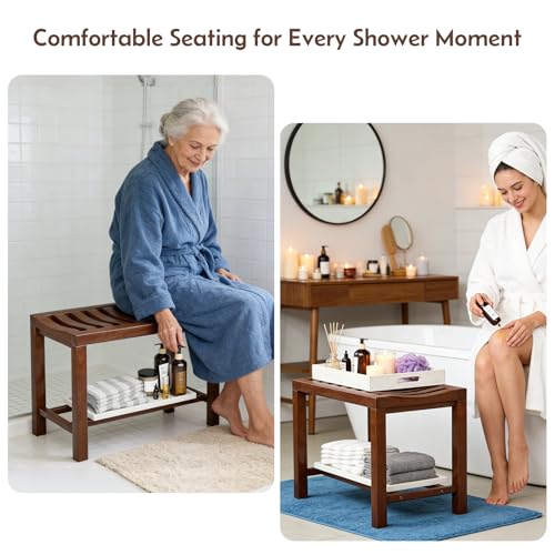 Rubber Wood Shower Bench, Non-Slip Waterproof Wooden Shower Stool for Adults & Elderly, Sturdy Bath Seat for Inside Shower or Tub – 24.02" D x 14.96" H x 6.3" W - size: 24.02"