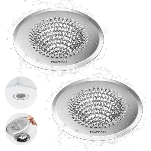 TRAPMATE 2 Pack Bathroom Sink Drain Strainer, 4.4" Fast Drainage Shower Drain Hair Catcher, Anti-Slip Bathtub Drain Hair Catcher, Stainless Steel Shower Drain Cover for Tub, Sink (Patented Product) - color: Silver Silver