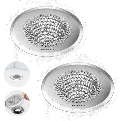 TRAPMATE 2 Pack Bathroom Sink Drain Strainer, 4.4" Fast Drainage Shower Drain Hair Catcher, Anti-Slip Bathtub Drain Hair Catcher, Stainless Steel Shower Drain Cover for Tub, Sink (Patented Product) - color: Silver Silver