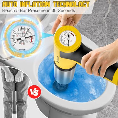 Electric Toilet Plunger, High Pressure Toilet Plungers | Electric Drain Unclogger Tool with Automatic Pressurized, NO Splash Back, 3 Heads & Storage Bag, For Bathroom Shower Floors