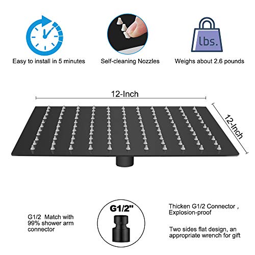NearMoon Rain Shower Head with 11’’ Adjustable Extension Arm, Large Stainless Steel High Flow Rainfall Square Head, Bath Shower Waterfall Full Body Coverage (12 Inch, Matte Black) - color: Matte Black, size: 12 Inch