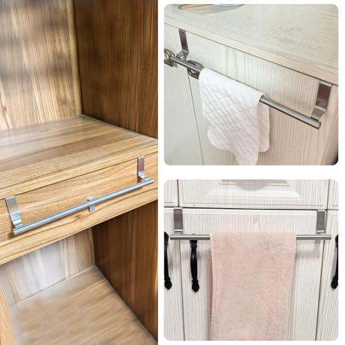 Mziart Over The Door Towel Rack for Bathroom Kitchen, 14 Inch Brushed Stainless Steel Over Cabinet Towel Bar with Hooks, Cupboard Towel Holder, Space-Saving Towel Hanger, Silver - size: 14 inch