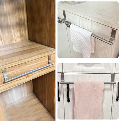 Mziart Over The Door Towel Rack for Bathroom Kitchen, 14 Inch Brushed Stainless Steel Over Cabinet Towel Bar with Hooks, Cupboard Towel Holder, Space-Saving Towel Hanger, Silver - size: 14 inch