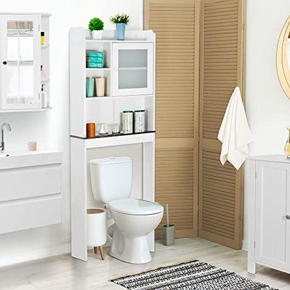 SUPER DEAL Over The Toilet Bathroom Storage Cabinet Freestanding Wooden Bathroom Organizer with Adjustable Shelves and Glass Door, White - color: White