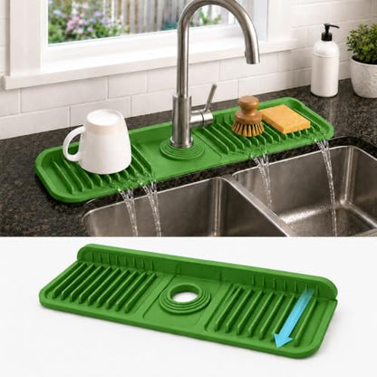 17" Silicone Faucet Handle Drip Catcher Tray,7° Sloped Self Draining Mat with Snap-on Design & Soap Holder, Sink Splash Guard for Kitchen & Bathroom, Trim-to-Fit Opening - color: Green, size: 17" x 5.5"