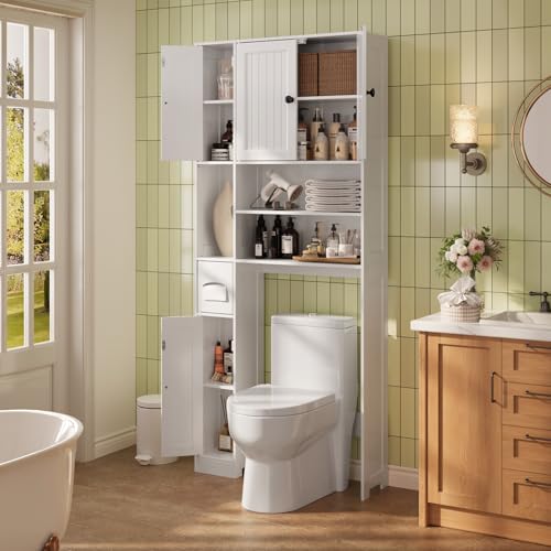 Over The Toilet Storage Cabinet, with Five Doors, White | Over Toilet Bathroom Organizer with Adjustable Shelves, Above Toilet Storage Cabinet for Bathroom, Restroom, Laundry