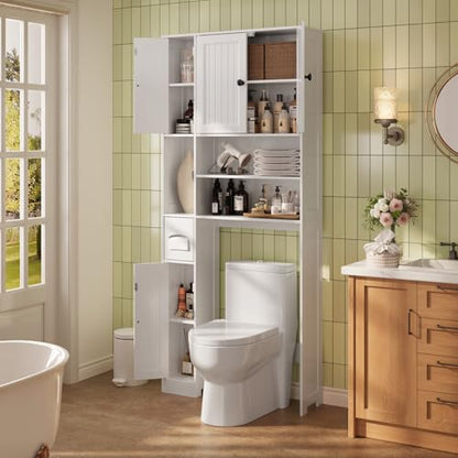 Over The Toilet Storage Cabinet, with Five Doors, White | Over Toilet Bathroom Organizer with Adjustable Shelves, Above Toilet Storage Cabinet for Bathroom, Restroom, Laundry