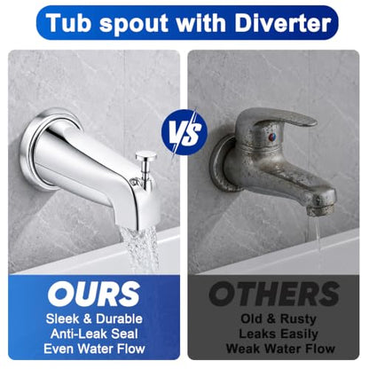 Universal Polished Chrome Tub Spout with Diverter, Metal Cover and Adapter | Pull Down Bathroom Tub Faucet Replacement, for 1/2" Copper Pipe, 1/2" IPS & 3/4" IPS threaded, Bathtub Spout with Hex Wrench - color: Chrome