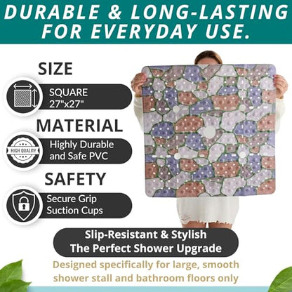 ENKOSI Square Shower Mat 27x27 inch - Anti Slip Shower Stall Floor Mat - Non Slip Shower Mats with Strong Secure Suction Cups and Drain Holes in Middle (27x27 Stone Path) - color: Stone Path