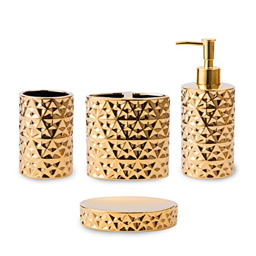 Goldenr Ceramic Bathroom Accessories Set Complete, Modern Decor,4PCS | 4 Piece Ceramic Bath Accessory Sets,Gold Diamond Soap Dispenser Set for Bathroom Counter Sink, Modern Bathroom Decor - color: A-a-gold