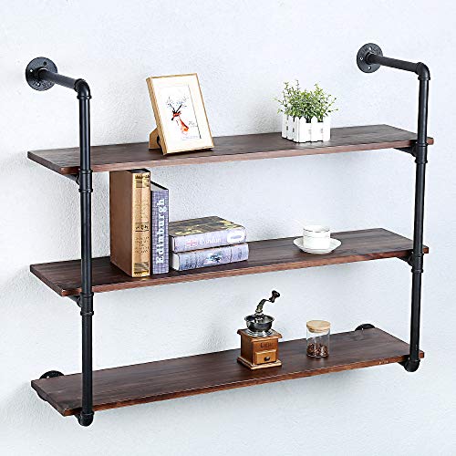 Industrial Pipe Shelves With Wood Planks,Rustic Pipe Shelving Wall Shelf | Metal Pipe Solid Pine Wood,Easy to Assemble,Wooden Board Thickness 0.78 In,For Bar Farmhouse Kitchen Office Bathroom,Bedroom - color: 3-layer, size: 42in