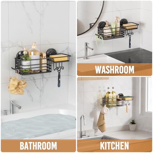 Suction Cup Shower Caddy, Bathroom Shelf With Hook & Soap Holder | Black Shower Caddies, Soap Holder, No Drill Bathroom Caddy, Heavy Duty Shower Organizer, Removable Bathroom Shelf - color: 1 X Black