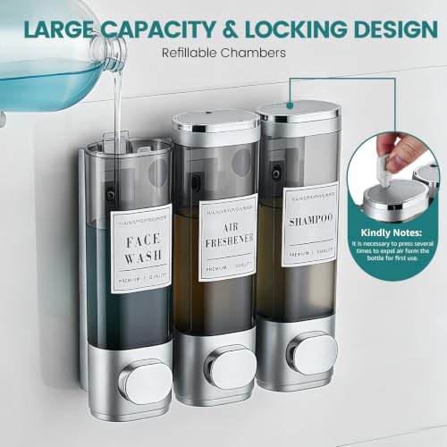 Shower Soap Dispenser 3-Chamber Wall Mount Shampoo Dispenser,Silver | Latch design No Drill Shampoo and Conditioner Dispenser for Bathroom Hotel, Durable ABS Material Large Capacity - color: 3silver