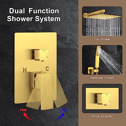 JOMEOO® 12 Inch Brushed Gold Shower System, Wall Mounted High Pressure Rain Shower Head with Handheld Sprayer, Bathroom Luxury Gold Shower Head Shower Faucet Set Rough in Valve Body and Trim - color: Brushed Gold