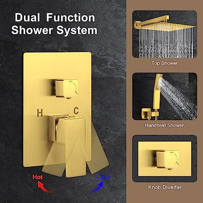 JOMEOO® 12 Inch Brushed Gold Shower System, Wall Mounted High Pressure Rain Shower Head with Handheld Sprayer, Bathroom Luxury Gold Shower Head Shower Faucet Set Rough in Valve Body and Trim - color: Brushed Gold