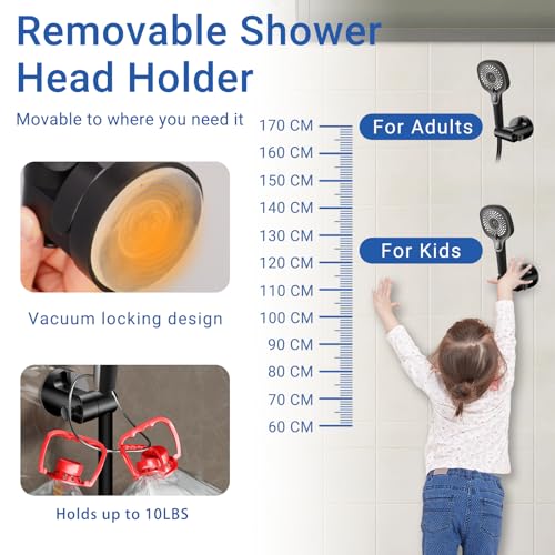 Suction Cup Shower Head Holder Wall Mount, Removable Handheld Shower Head Holder with Side Hook, Adjustable Vacuum Suction Shower Wand Holder (Black) (Black) - color: Black