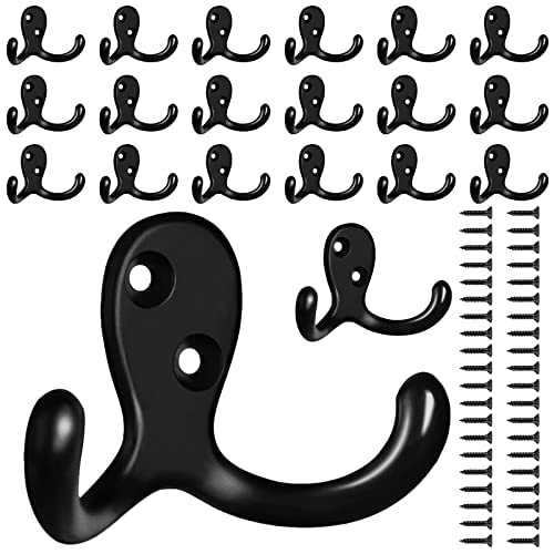 20 Pack Coat Hooks Wall Hooks for Hanging, Heavy Duty Double Prong Metal Hook Wall Mounted for Living Room, Bathroom, Kitchen, Bedroom for Coat, Bag, Scarf, Towel, Hat, Key, Cup (Black) - color: Black-20pack