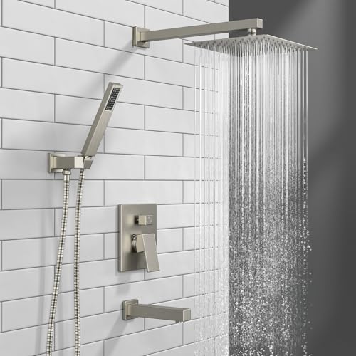 Lava Odoro Modern 3-Setting Square Shower and Tub Faucet Set with Shower Head and Handheld Sprayer Brushed Nickel, Rainfall Shower System with Tub Spout, Shower Valve Trim Kit, SF103-BN-T - color: Brushed Nickel, style: With Tub Spout