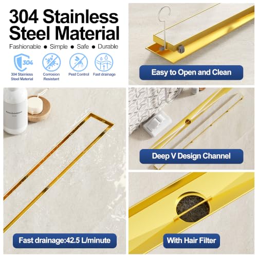 Neodrain 36-Inch Linear Shower Drain-Gold,with Tile Insert Grate | 304 Stainless Steel, Fast Drainage, Rectangle Shower Floor Drain with Leveling Feet & Hair Strainer, Fits Bathroom, Balcony - color: Gold, size: 36 IN
